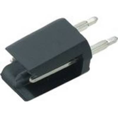 Un adaptateur noir pour prises européennes avec deux broches métalliques argentées, utilisé pour se connecter aux prises électriques européennes.