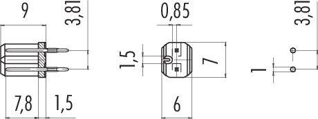 Dessin technique d'un connecteur avec dimensions en millimètres : Largeur 7,8, Hauteur 9, Longueur de broche 1,5, Écart entre contacts 3,81.