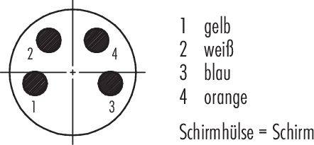Plan de câblage : '1 jaune, 2 blanc, 3 bleu, 4 orange'. La gaine de blindage correspond au blindage.