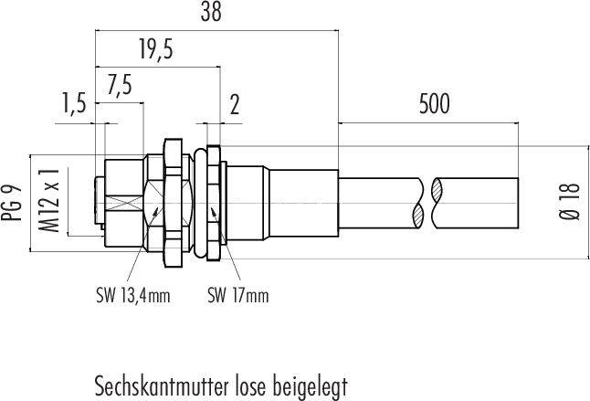 Dessin technique d'un connecteur avec dimensions en mm : longueur 38, diamètre 18. Remarque : 'Écrou hexagonal fourni en vrac'.