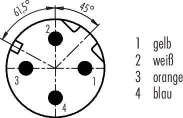 Diagramme d'une fiche avec quatre contacts numérotés. Contacts : 1 jaune, 2 blanc, 3 orange, 4 bleu. Angles de 61,5° et 45°.
