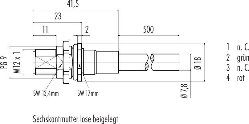 Dessin technique d'un connecteur avec dimensions en mm. Annoté : 'PG 9', 'M12 x 1', 'SW 13,4mm', 'SW 17mm'. Câbles : n.C., vert, rouge.