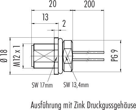 Dessin technique d'un connecteur avec filetage de vis M12, largeur totale de 20 mm, longueur de 200 mm. Boîtier en fonte de zinc moulée sous pression.
