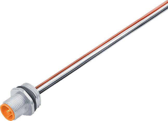 Un capteur de lumière avec boîtier métallique et longs câbles, utilisé dans des systèmes automatisés pour la détection d'objets.