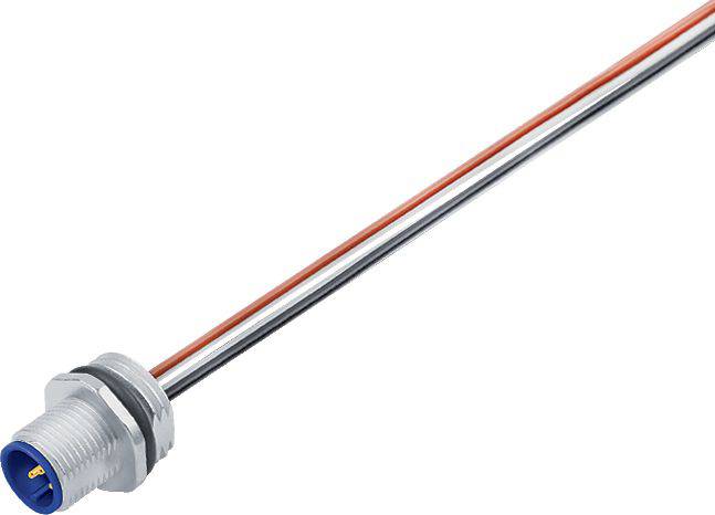 Un connecteur de capteur cylindrique sur un câble orange et noir.