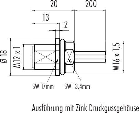 Dessin technique d'un connecteur avec dimensions et indications de filetage. Texte : 'Exécution avec boîtier en zinc moulé sous pression'.