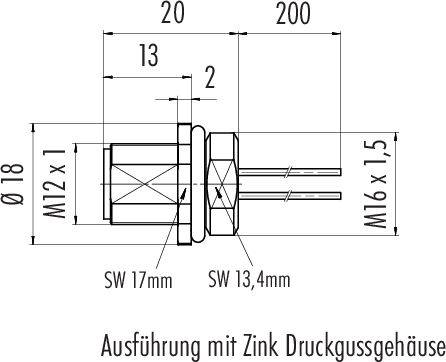 Dessin technique d'un composant cylindrique avec boîtier en fonte sous pression de zinc, diamètre 18 mm, longueur 200 mm, filetage M16 x 1,5.