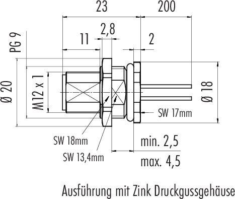 'Dessin technique d'un connecteur de câble avec dimensions. Détails : PG 9, M12 x 1, Ø20, Ø18, min. 2,5 max. 4,5, boîtier en fonte de zinc.'