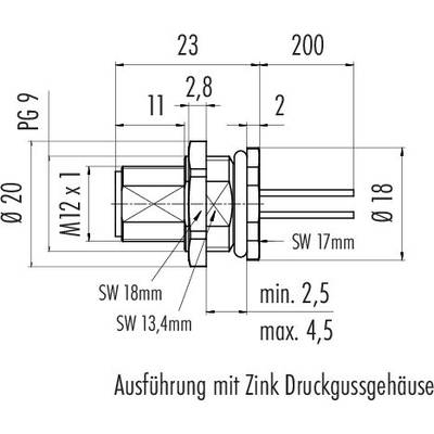 'Dessin technique d'un connecteur de câble avec dimensions. Détails : PG 9, M12 x 1, Ø20, Ø18, min. 2,5 max. 4,5, boîtier en fonte de zinc.'