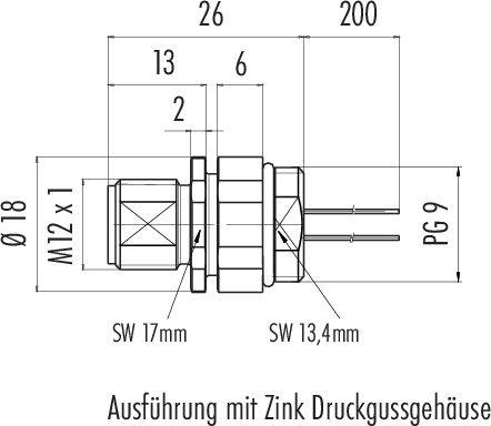 'Dessin technique d'un connecteur avec boîtier en zinc moulé sous pression. Dimensions : Longueur 200 mm, diamètre 18 mm, filetage M12x1, largeur de clé 17 mm, 13,4 mm.'