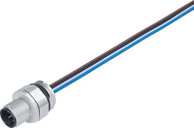 Un connecteur métallique avec quatre fils de couleurs : rouge, marron, noir et bleu. Le connecteur est cylindrique et possède un filetage.