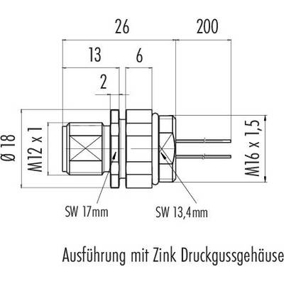 Dessin technique d'un connecteur avec dimensions en millimètres ; boîtier : moulage sous pression de zinc ; diamètre : 18, longueur : 200.