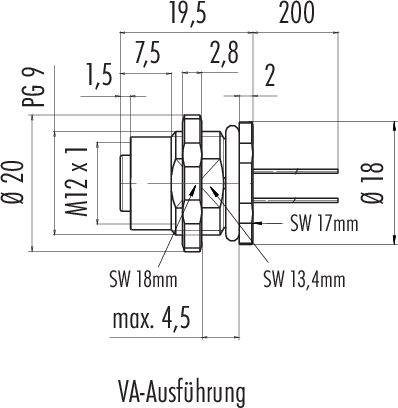 Dessin technique d'une fiche M12 x 1 avec dimensions en mm. Montre le filetage, les diamètres Ø20 et Ø18, et les indications pour la largeur de clé.