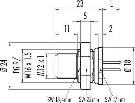Dessin technique d'un connecteur électrique avec dimensions en millimètres. Les dimensions et les types de filetages sont représentés.