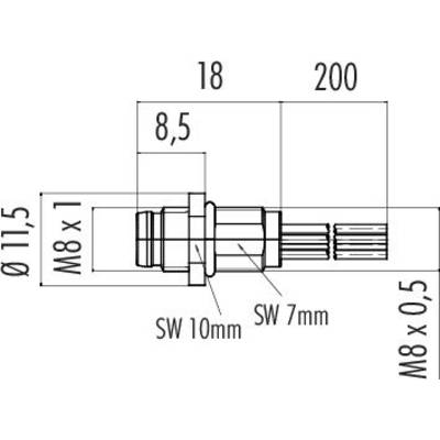 Dessin technique d'un connecteur cylindrique. Dimensions : longueur 200 mm, diamètre extérieur 11,5 mm, filetage M8x1.