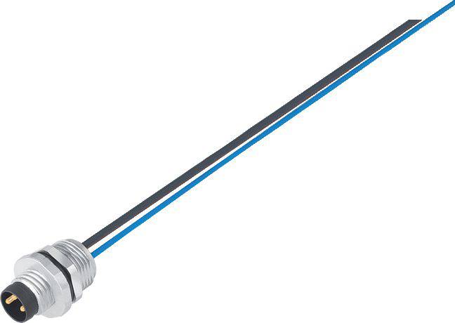 Connecteur métallique avec un câble long, adapté aux applications industrielles. La fiche comporte quatre broches et un boîtier robuste.