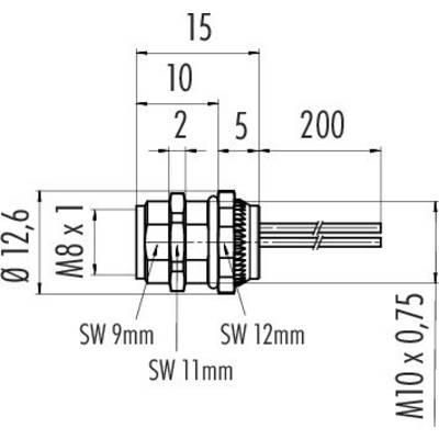 Dessin technique d'une pièce mécanique avec un filetage M8x1, un diamètre de filetage M10x0,75 et différentes largeurs de clé.