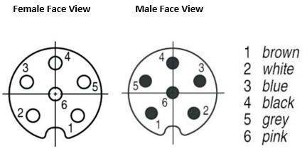 « Vue du visage féminin » et « Vue du visage masculin » : Deux diagrammes circulaires avec des connexions numérotées et un code couleur : marron, blanc, bleu, noir, gris, rose.