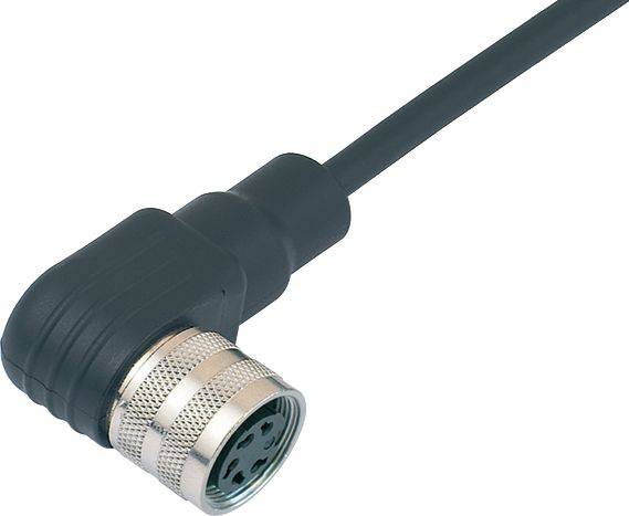 Gros plan sur un câble noir avec un connecteur métallique rond à son extrémité.