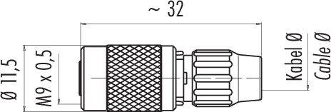 Dessin technique d'un connecteur avec dimensions : Longueur 32 mm, diamètre extérieur 11,5 mm, filetage M9 x 0,5, diamètre du câble indiqué.