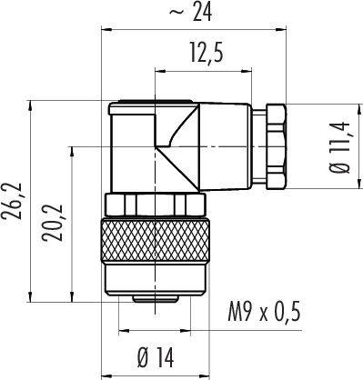Dessin technique d'un raccord d'angle à pression. Dimensions : largeur env. 24 mm, hauteur 26,2 mm. Connexion M9 x 0,5, diamètre 14 mm.