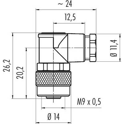 Dessin technique d'un raccord d'angle à pression. Dimensions : largeur env. 24 mm, hauteur 26,2 mm. Connexion M9 x 0,5, diamètre 14 mm.