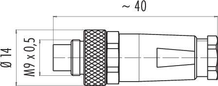 Dessin technique d'un connecteur avec les dimensions suivantes : diamètre 14 mm, longueur environ 40 mm, filetage M9 x 0,5.