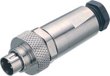 Connecteur métallique cylindrique, doté de plusieurs broches de contact et d'une bague moletée pour un raccordement sécurisé dans les dispositifs électroniques.