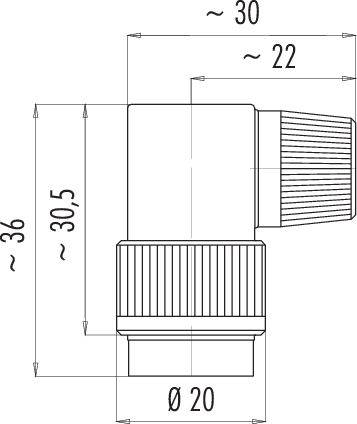 Dessin technique d'un élément d'angle avec dimensions : longueur 30 mm, hauteur 36 mm, diamètre 20 mm. La vue latérale montre une structure nervurée.