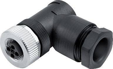 Un connecteur noir coudé avec un écrou de verrouillage strié en argent, adapté aux applications techniques.