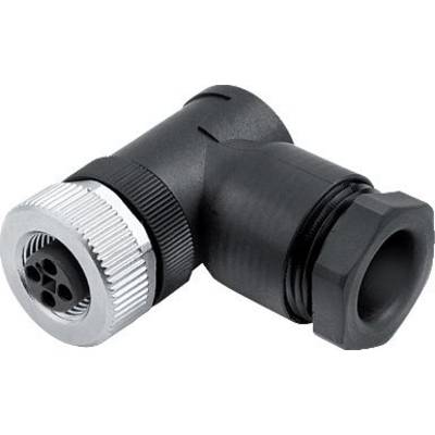 Un connecteur noir coudé avec un écrou de verrouillage strié en argent, adapté aux applications techniques.