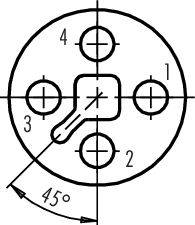 Dessin technique d'un composant circulaire avec quatre perçages numérotés de 1 à 4. Un segment indique un angle de 45 degrés.