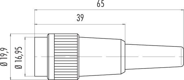 Dessin technique d'un adaptateur conique avec dimensions : longueur totale 65 mm, section cannelée 39 mm, diamètres 19,9 mm et 16,95 mm.