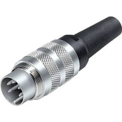 Une fiche métallique argentée avec plusieurs broches et une poignée en caoutchouc noir, typiquement utilisée pour les connexions électroniques.