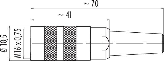 Dessin technique d'une fiche avec dimensions : longueur totale d'environ 70 mm, diamètre 18,5 mm, filetage M16 x 0,75, zone de préhension 41 mm.