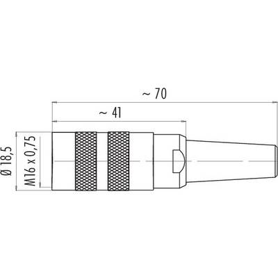 Dessin technique d'une fiche avec dimensions : taille totale environ 70 mm, largeur 18,5 mm, filetage M16 x 0,75, longueur environ 41 mm.