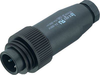 Une fiche électrique noire, cylindrique, avec trois broches métalliques et un anneau fileté strié pour un branchement sécurisé.