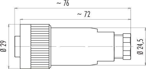 Dessin technique d'un composant cylindrique avec poignée cannelée. Dimensions externes : longueur d'environ 76 mm, diamètre de la poignée 29 mm, à l'extrémité 24,5 mm.