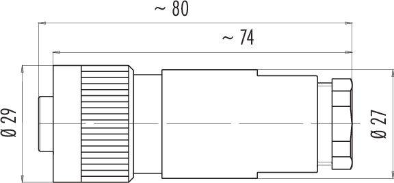 Dessin technique d'un composant cylindrique. Longueur totale d'environ 80 mm, corps principal de 74 mm de long, diamètre de 29 mm et 27 mm.