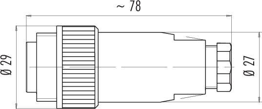 Dessin technique d'un connecteur cylindrique. Dimensions : longueur d'environ 78 mm, diamètre d'environ 29 mm à l'avant, 27 mm à l'arrière.
