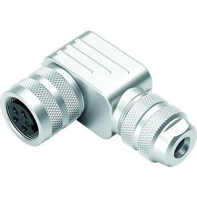 Un connecteur argenté à angle droit avec des extrémités rondes striées et plusieurs broches, utilisé pour relier des câbles.