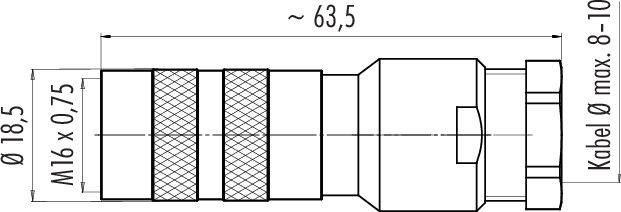 Dessin technique d'un connecteur. Dimensions : Longueur ~63,5 mm, diamètre Ø 18,5 mm, filetage M16 x 0,75, diamètre de câble 8-10 mm.