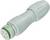 Un connecteur cylindrique gris avec plusieurs points de contact et un marquage vert sur sa face inférieure.