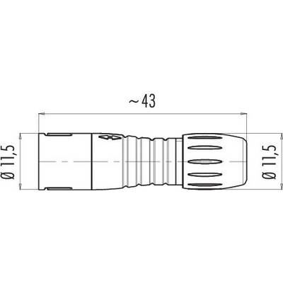 Dessin technique d'un connecteur cylindrique. Longueur d'environ 43 mm, diamètre 11,5 mm. Numéro de modèle illisible.