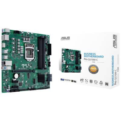 Un motherboard professionnel ASUS Pro Q570M-C CSM à côté de son emballage de produit, montrant ses spécifications techniques.