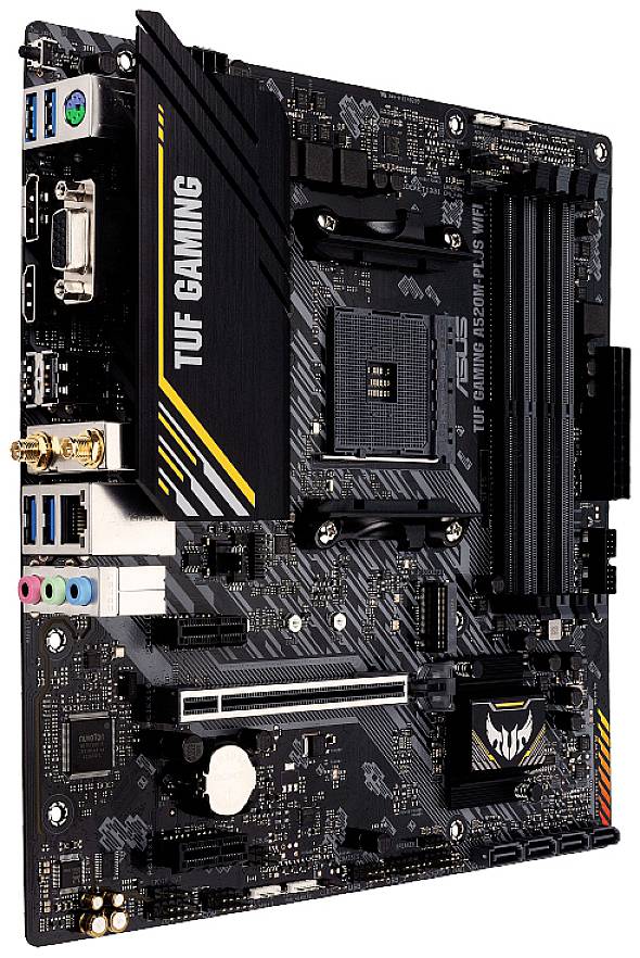 Une carte mère ASUS TUF Gaming noire avec plusieurs connecteurs et deux emplacements RAM, adaptée aux projets de construction de PC.