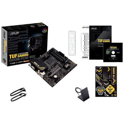 Ensemble de carte mère ASUS TUF Gaming A520M-Plus WiFi avec accessoires : câbles, manuel, CD de pilotes et autocollants. Boîte avec illustration de la carte mère.