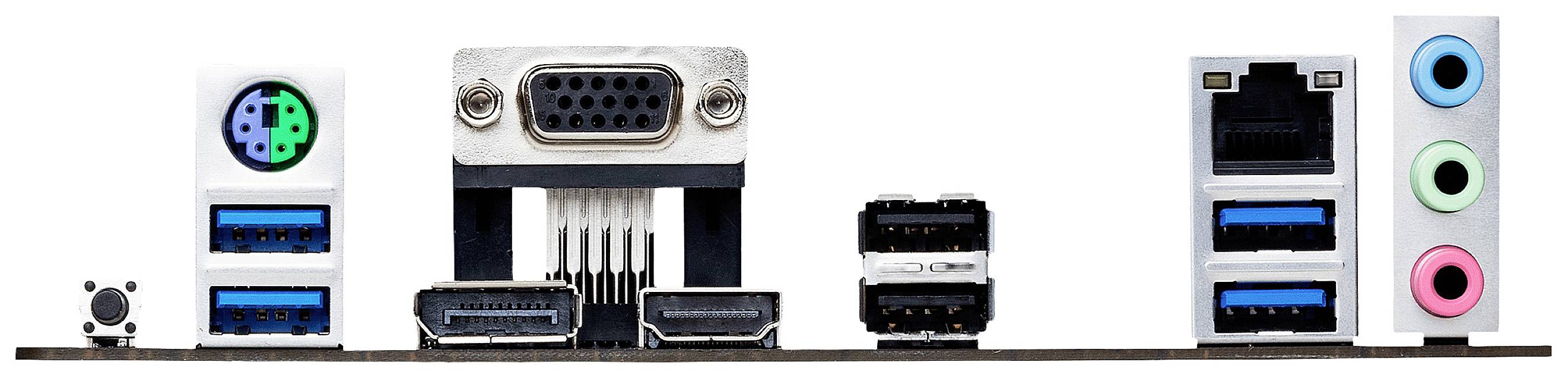 Une carte mère d'ordinateur avec différents ports : PS/2, VGA, USB 3.0, HDMI, Ethernet, ports audio en trois couleurs.