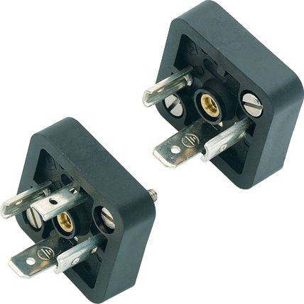 Deux fiches d'adaptation noires avec des contacts métalliques, présentant une forme carrée aux angles arrondis et une vis centrale.