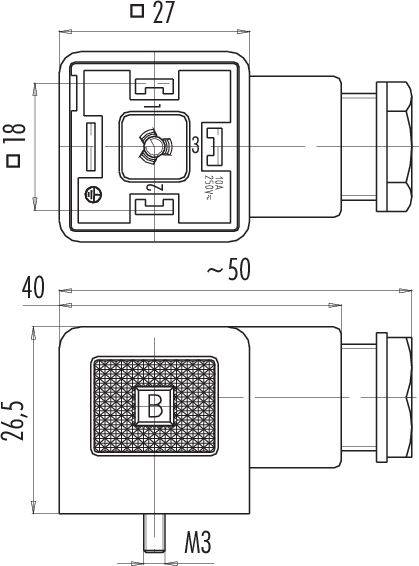 Dessin technique d'une prise électrique. En haut : Vue intérieure avec dimensions 27x18. En bas : Vue latérale avec marquage 'B', longueur totale 50, hauteur 26,5.